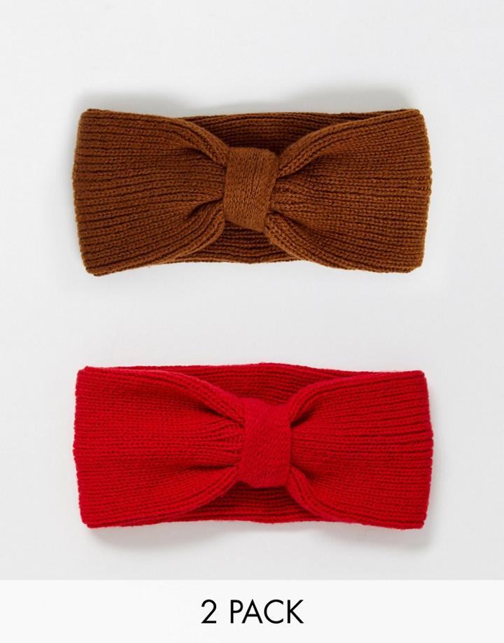 Asos Design 2 Pack Rib Headband In Recycled Polyester In Red & Tobacco