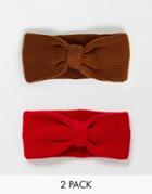 Asos Design 2 Pack Rib Headband In Recycled Polyester In Red & Tobacco