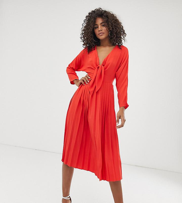 Asos Design Tall Pleated Tie Front Midi Dress - Red