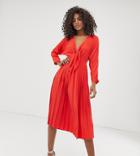 Asos Design Tall Pleated Tie Front Midi Dress - Red