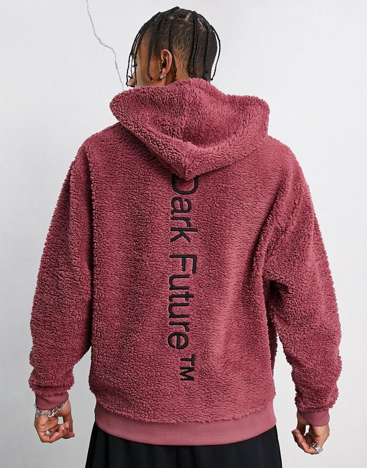 Asos Dark Future Oversized Hoodie In Burgundy Teddy Fleece With Back Embroidery-red