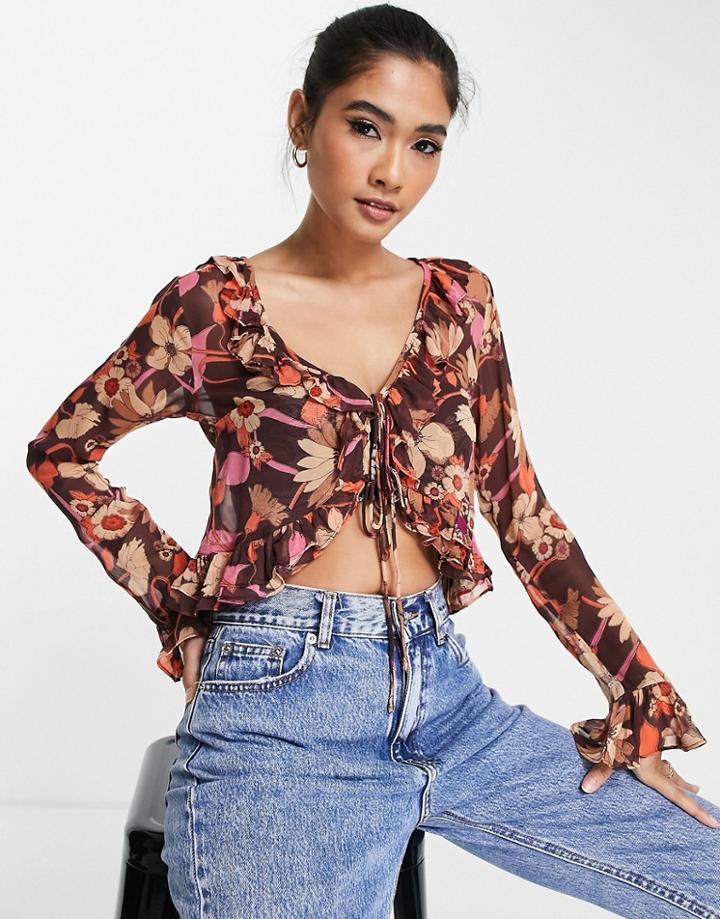 Asos Design Sheer Floral Ruffle Blouse With Tie Front-multi