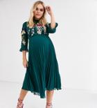 Asos Design Maternity Embroidered Pleated Midi Dress With Fluted Sleeve