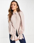 Asos Design Volume Sleeve Soft Shirt With Tie Cuffs In Rose-pink