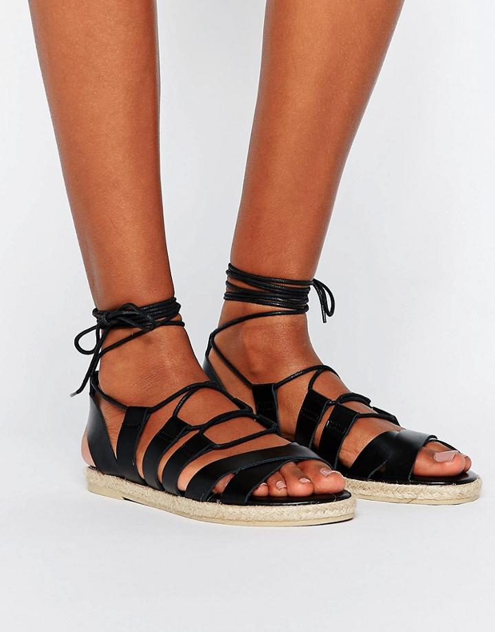 Pieces Louisa Leather Espadrile Sandals - Black
