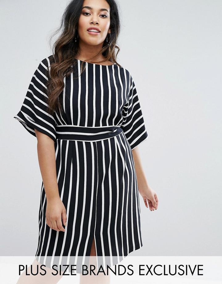 Closet Plus Striped Kimono Sleeve Midi Dress With Tie Back Detail And Split Front - Multi