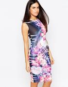 Lipsy Bodycon Midi Dress In Stripe Floral Print - Multi