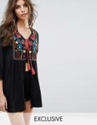Rocca Bella Spilt Embroidery Long Sleeve Beach Caftan - Black