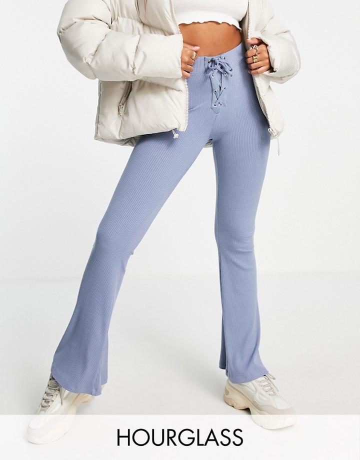 Asos Design Hourglass Exclusive Rib Kick Flare Pants With Lace-up Waist In Blue-blues
