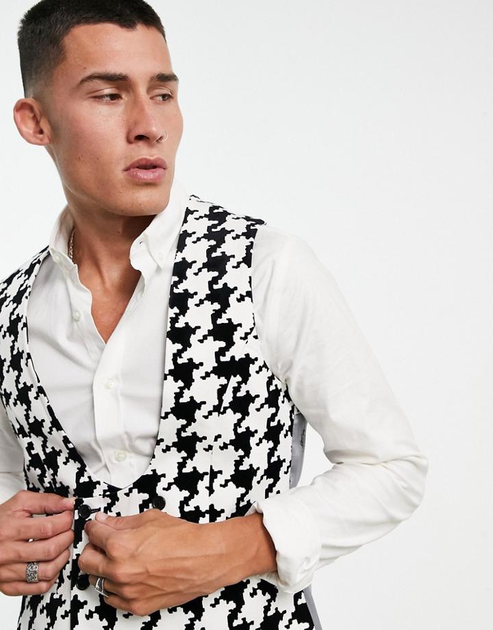 Twisted Tailor Vest In White With Oversized Houndstooth Design