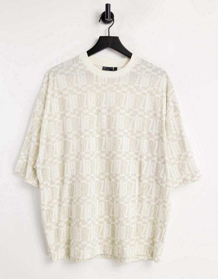 Asos Design Oversized T-shirt In Stone Organic Cotton With All Over Text Print-neutral