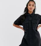 Asos Design Petite Denim Boxy Shirt Dress In Black - Black