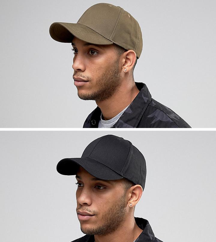 Asos Design 2 Pack Baseball Cap In Black And Khaki Save - Multi