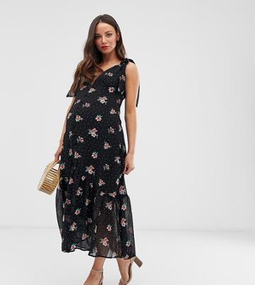 Wild Honey Maternity Midi Dress With Frill Detail In Floral - Black