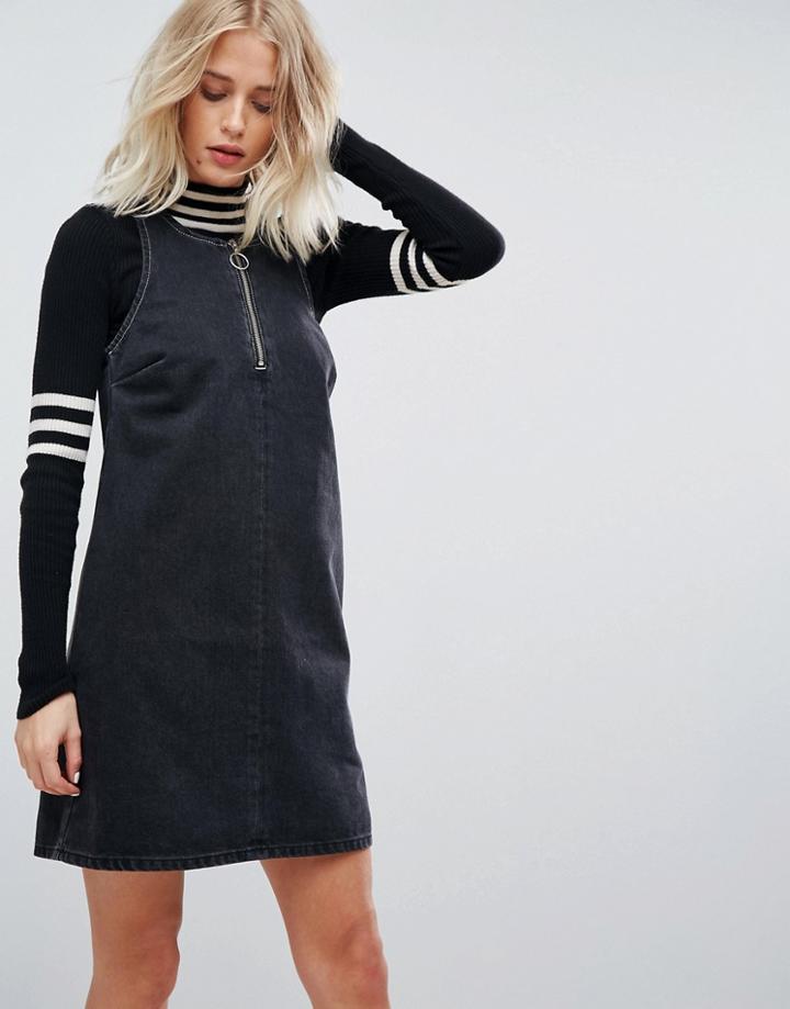 Asos Denim Shift Dress In Washed Black With Circular Ring Pull - Black