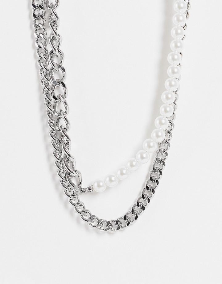 Topshop Faux Pearl And Chain Mixed Multirow Necklace In Silver
