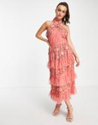 Little Mistress Embellished Halter Neck Tulle Midi Dress In Coral-orange