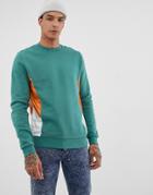 Asos Design Sweatshirt With Woven Color Blocking In Green - Green