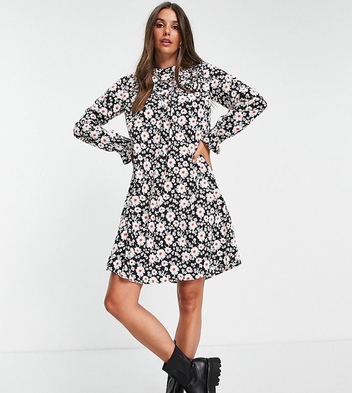 Pieces Tall Frill Detail High Neck Mini Smock Dress In Black Floral-multi