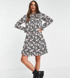 Pieces Tall Frill Detail High Neck Mini Smock Dress In Black Floral-multi