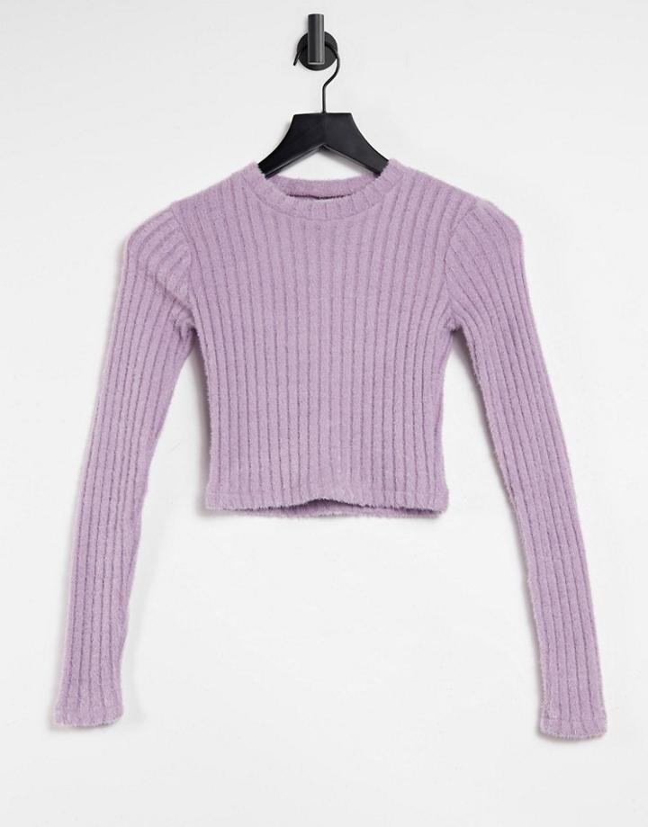 Pull & Bear Soft Touch Ribbed Long Sleeve Top In Lilac-purple