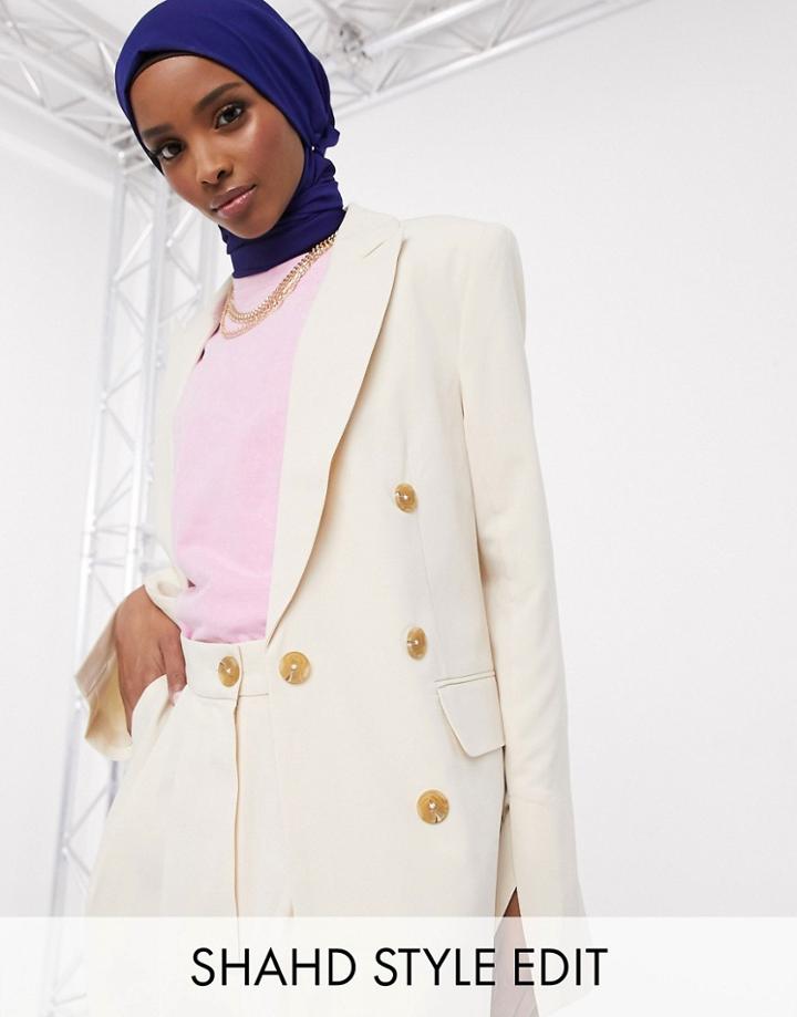 Asos Design Button Suit Blazer In Ecru-white