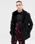 Twisted Tailor Cropped Peacoat With Wide Faux Fur Collar - Black