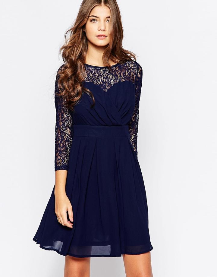 Style London Skater Dress With Lace Top - Navy