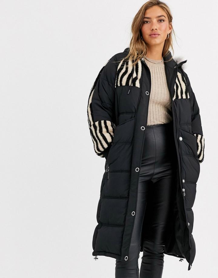 Urbancode Longline Padded Parka With Tiger Borg Panels-black
