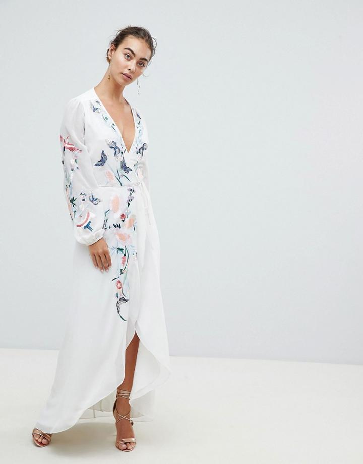 Hope & Ivy Wrap Front High Low Maxi Dress With Floral Embroidery - White