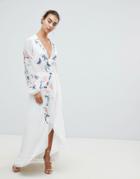 Hope & Ivy Wrap Front High Low Maxi Dress With Floral Embroidery - White