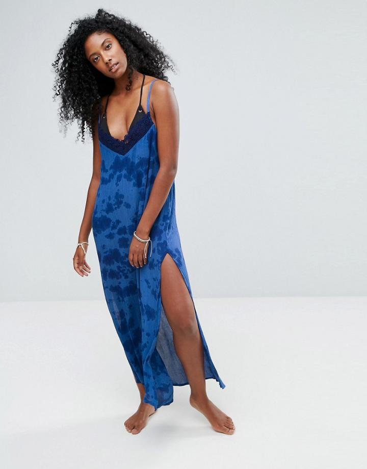 Liquorish Tie Dye Maxi Beach Dress With Crochet Trim - Blue