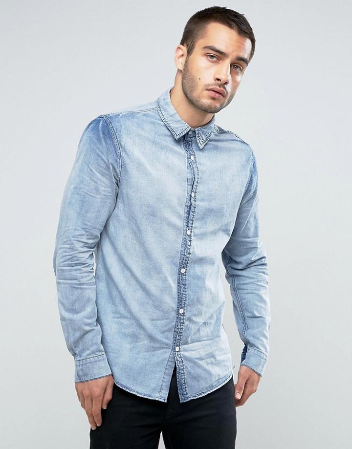 New Look Regular Fit Denim Shirt In Acid Wash - Blue