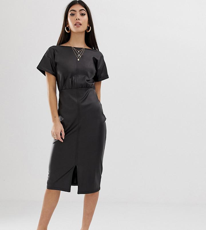 Asos Design Petite Faux Leather Midi Pencil Dress-black