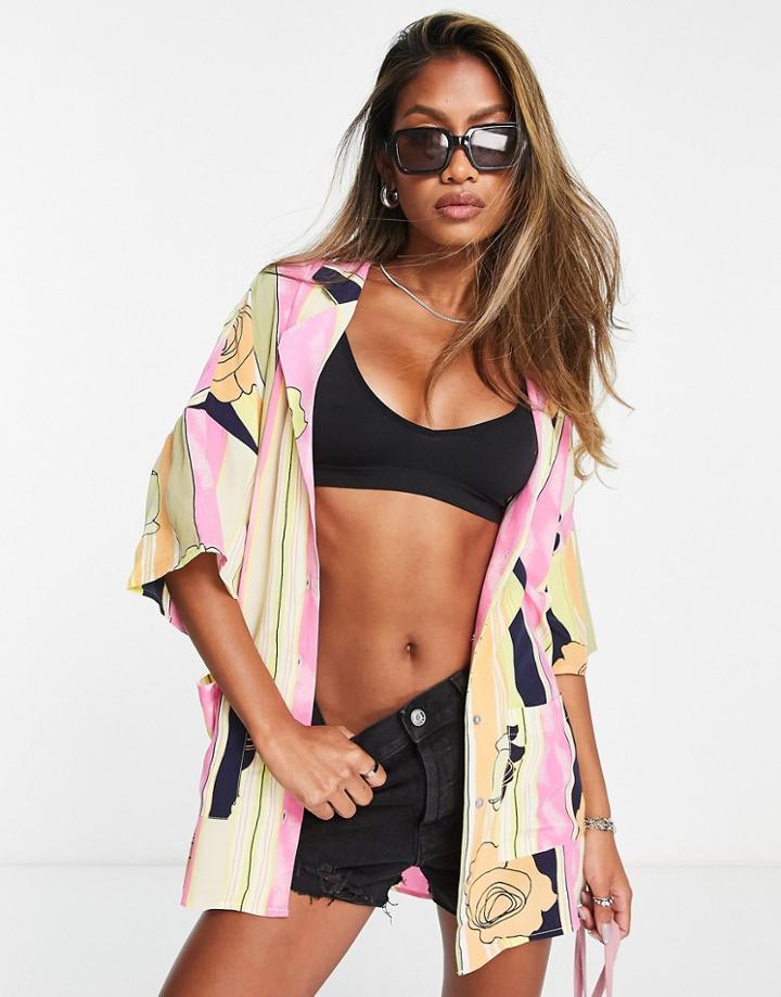 Object Oversized Resort Shirt In Floral & Stripe Print-multi