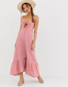 Asos Design Knot Front Button Through Maxi Dress With Cut Out - Pink