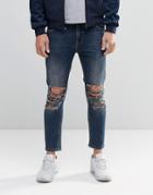 Asos Skinny Cropped Jeans With Extreme Rips In Blue Wash - Mid Blue