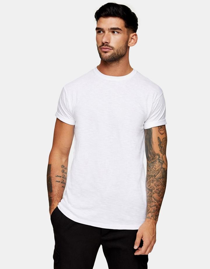 Topman Slub Roll Sleeve T-shirt In White