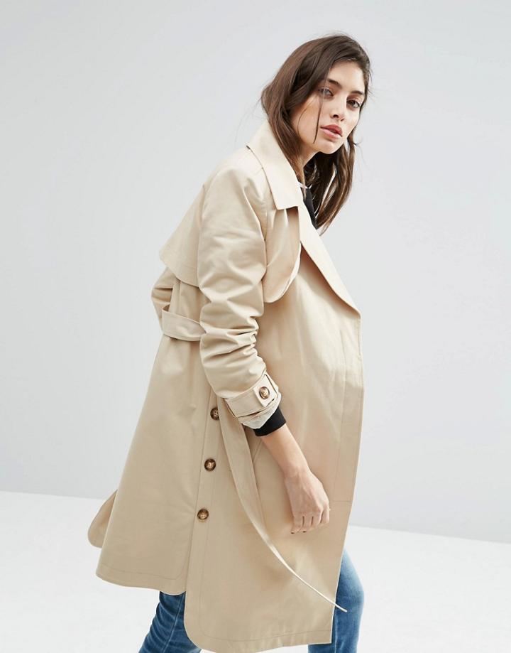 Asos Trench With Side Splits & Step Hem - Stone