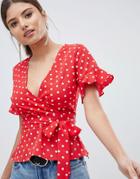 Prettylittlething Polka Dot Tie Side Blouse - Red