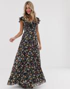 Twisted Wunder Chiffon Maxi Dress With Ruffle Detail In Ditsy Floral - Multi