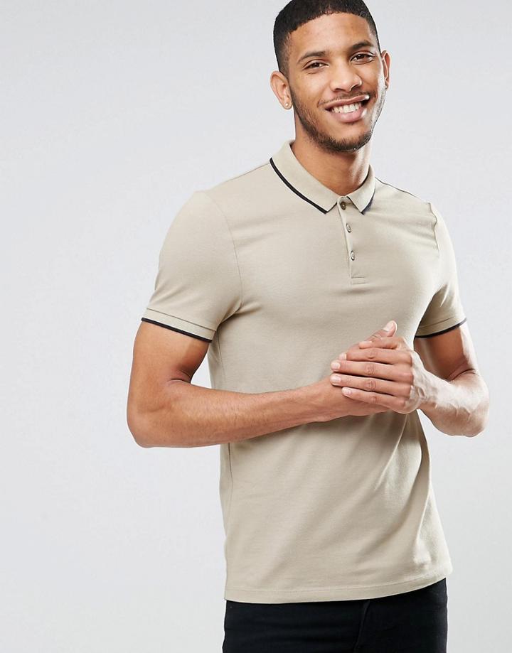 Asos Muscle Pique Polo Shirt With Contrast Collar And Sleeve Tipping In Beige/black - Multi