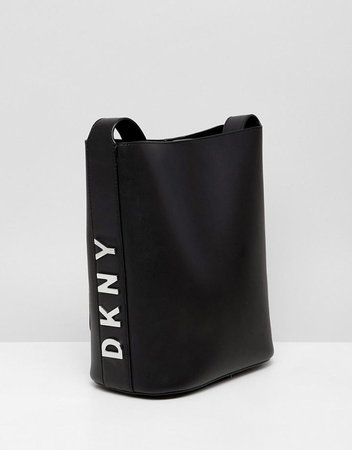 Dkny Metal Logo Leather Bucket Bag In Black - Black