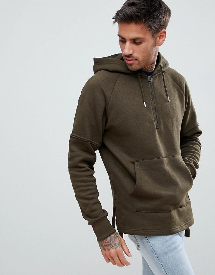 Boohooman Hoodie With Hem Tassels In Khaki - Green