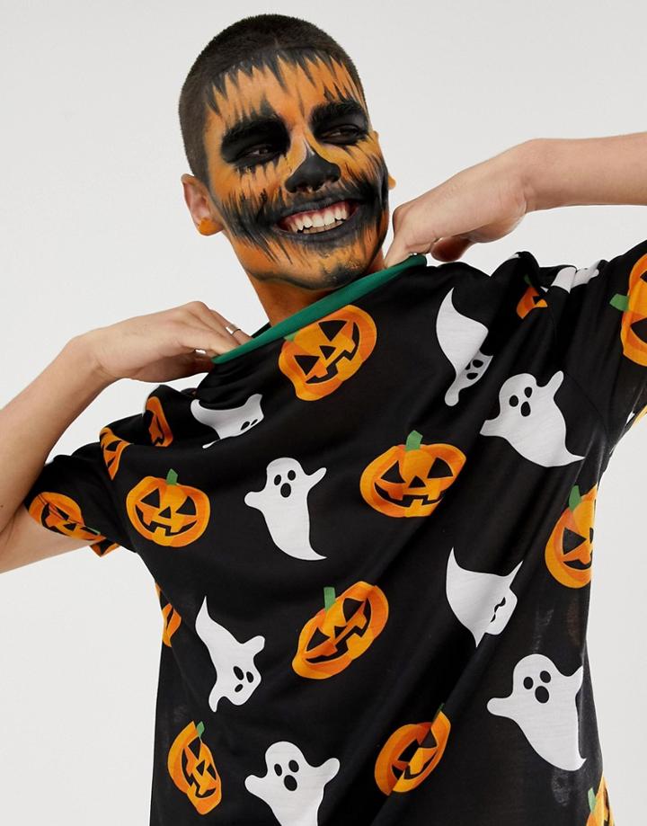 Asos Design Halloween Relaxed T-shirt With All Over Ghost And Pumpkin Print - Black