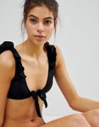 Missguided Mix & Match Frill Shoulder Tie Front Bikini Top - Black