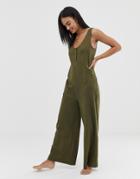 Asos Design Lounge Wide Leg Jumpsuit With Buttons-green