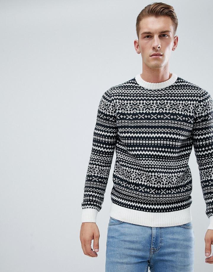 New Look Sweater With Fairisle Stripe In Black - Navy