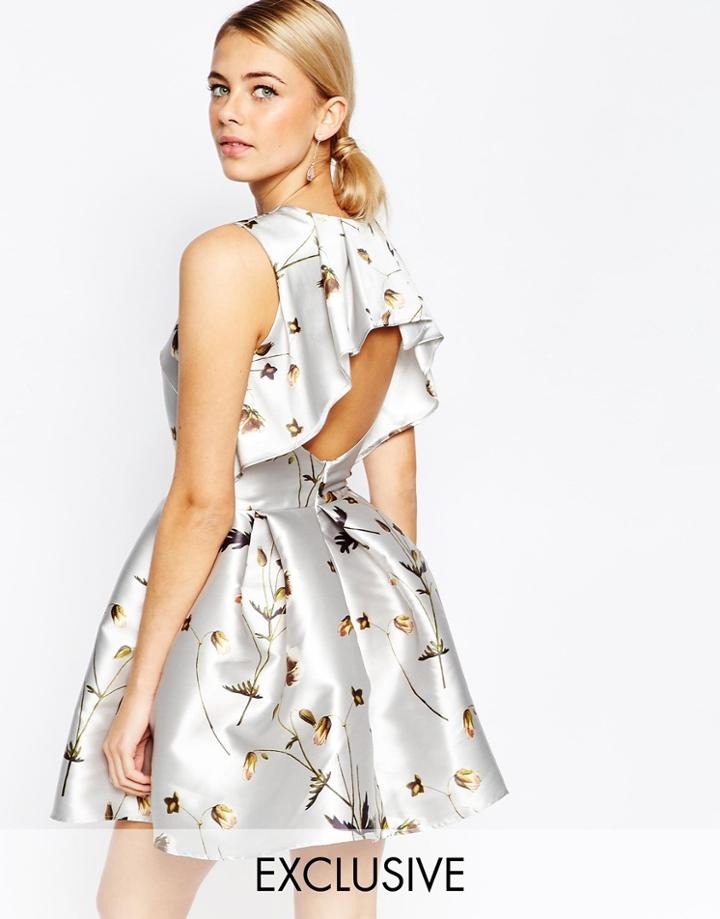 Hope And Ivy Mini Dress In Sateen Floral Print With Frill Back Detail - Gray Sateen Multi