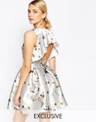 Hope And Ivy Mini Dress In Sateen Floral Print With Frill Back Detail - Gray Sateen Multi